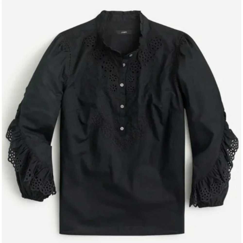 J CREW Eyelet Lace Ruffle Sleeve Button Front Blouse Romantic Victorian Black M‎